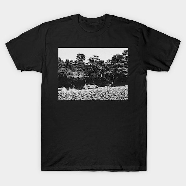 Black and White Shot of Bridge in Large Japanese Garden T-Shirt by visualspectrum